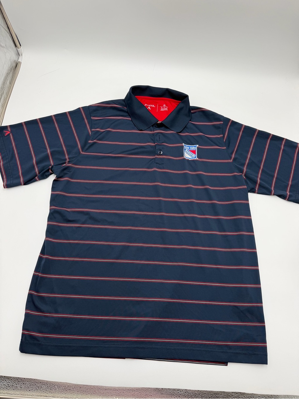 Antigua New York Rangers Polo Shirt XL Navy Red Striped NHL Performance Golf